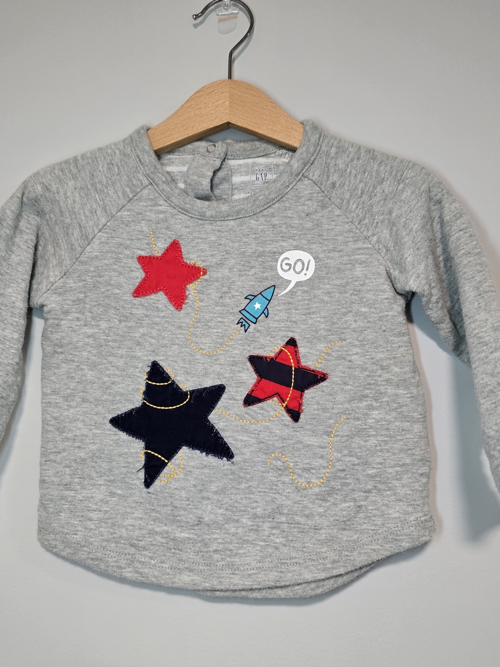 GAP Gray Sweatshirt with Navy & Red Star Appliqués Thick Cotton.